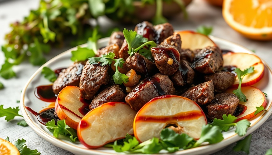 Colorful salad with liver and apple slices on modern table.
