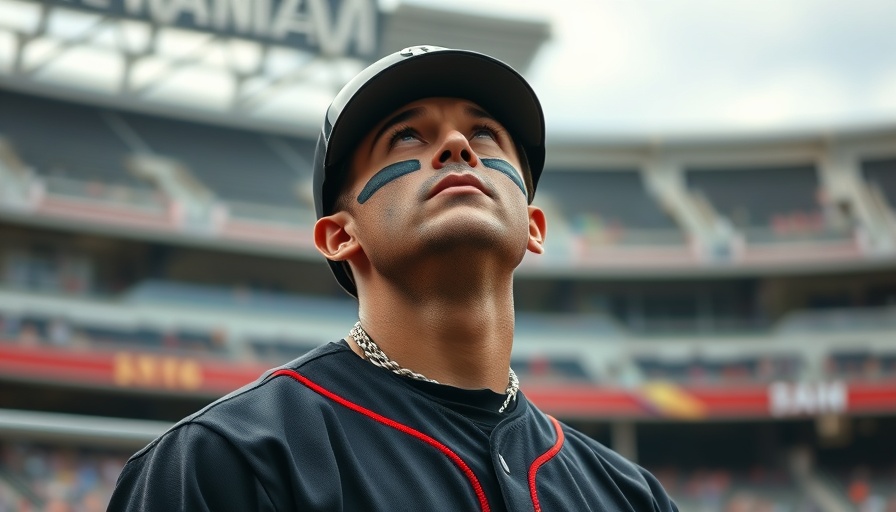 Pensive baseball player in black uniform pondering at the field.