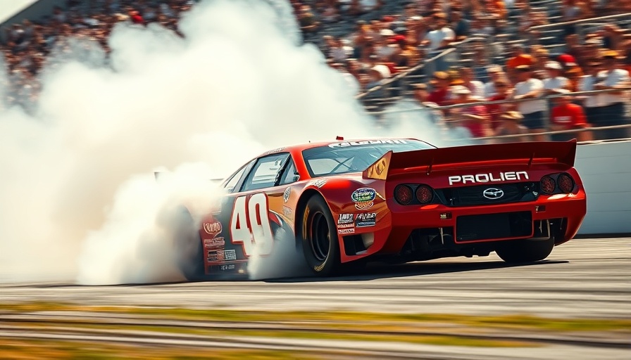 NASCAR Xfinity Series car performing burnout at Rockingham Speedway.