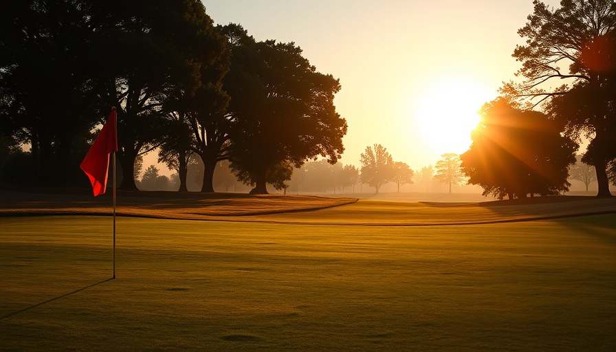 Tranquil golf course with red flag at sunset, peaceful setting.