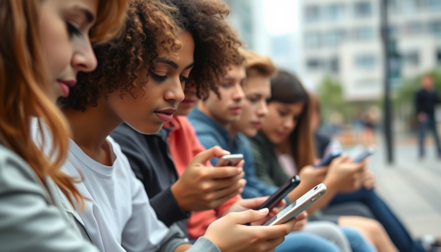 Teens using smartphones outdoors, illustrating social media impact