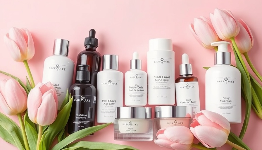Flat lay of spring beauty and wellness products with pink tulips.