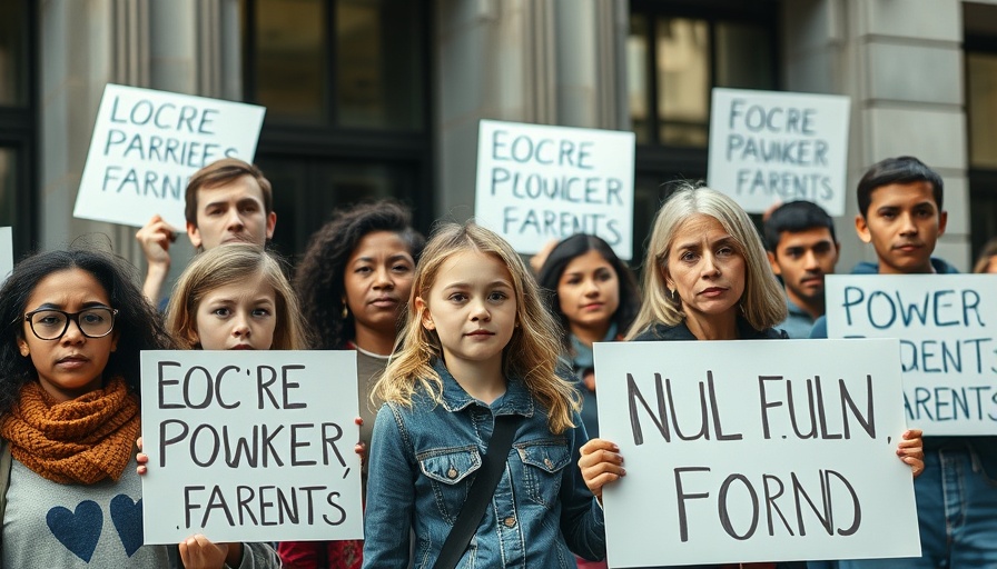Parents protest online harms outside urban building.