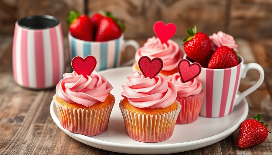 Pink frosted cupcakes and strawberries on rustic table.