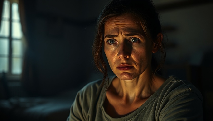 Concerned woman distressed in dimly lit room, The Last of Us Season 2 context.