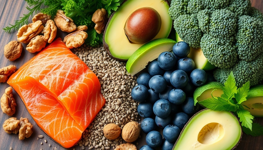 Colorful superfoods for longevity like salmon and berries displayed.