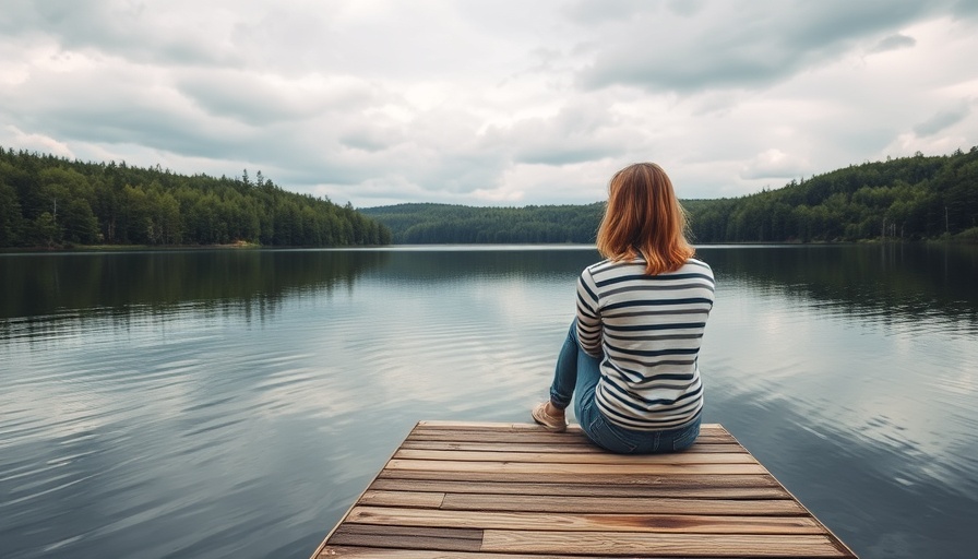 Woman on dock contemplating lake meditation rules.