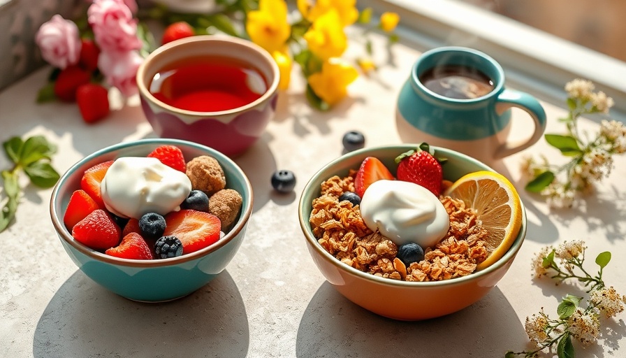 Healthy spring meal with fruit, granola, and tea on a stone table.