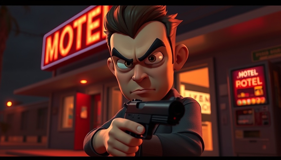 Cartoon character with gun at motel, Schedule I map expansion theme.