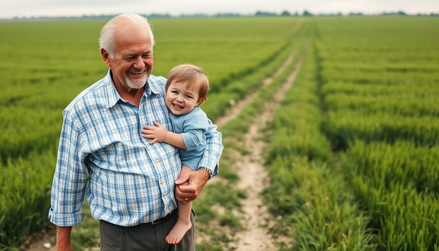 Elderly man with boy on shoulders enjoying outdoor walk, exercise.