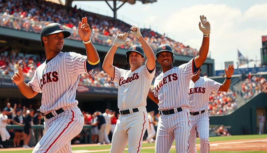 Excited baseball players interacting with fans, sunny day game.