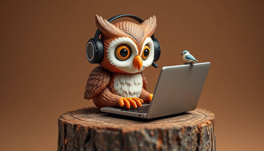 Owl figurine in headphones typing on laptop, quirky workplace scene.