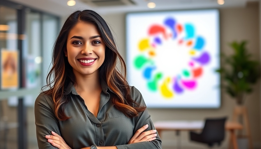 Young woman at tech company logo representing work-life balance in tech industry.