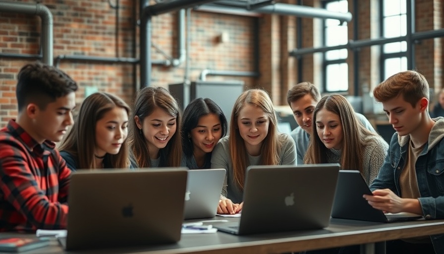 AI Redefines Education: Students using laptops in a classroom.