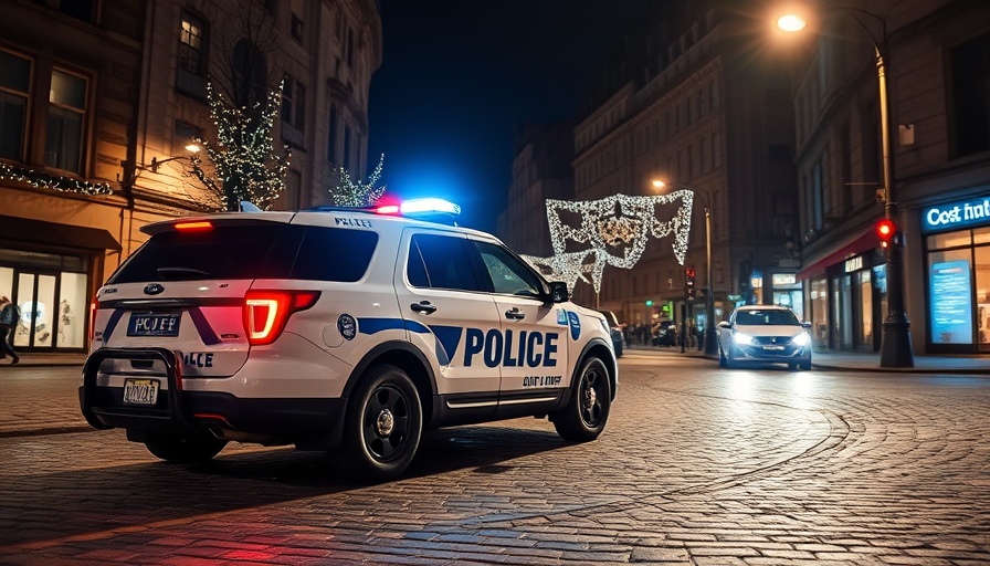 Seattle police SUV parked on a lit city street at night.