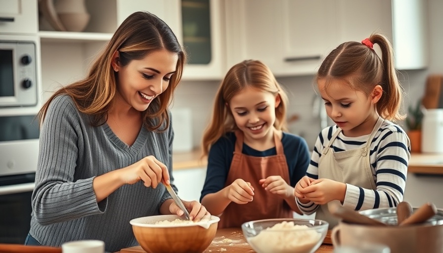 Family cooking scene showcasing healthy eating with kids in kitchen.