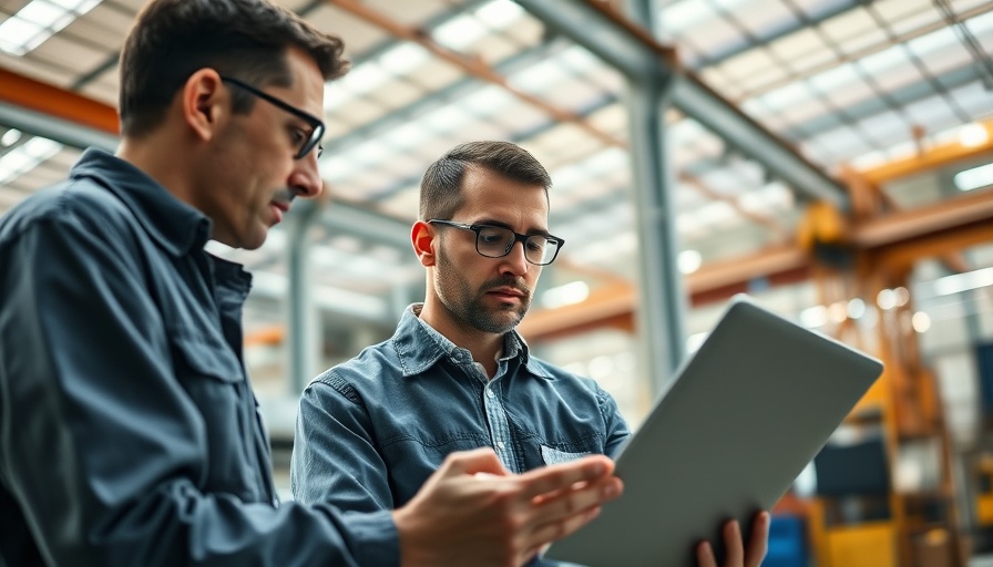 Engineers in safety gear using a laptop in a modern facility.