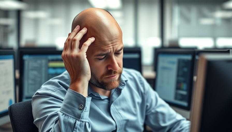 Office worker in stress holding head, workplace conditions and chronic pain.