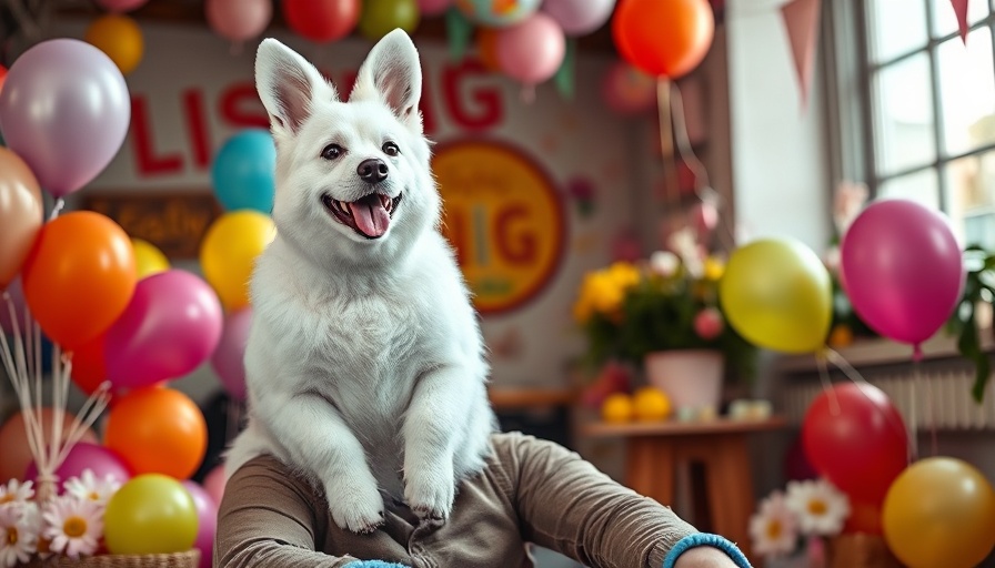 White dog on costumed bunny with balloons, pet safety tips for spring holiday setting.
