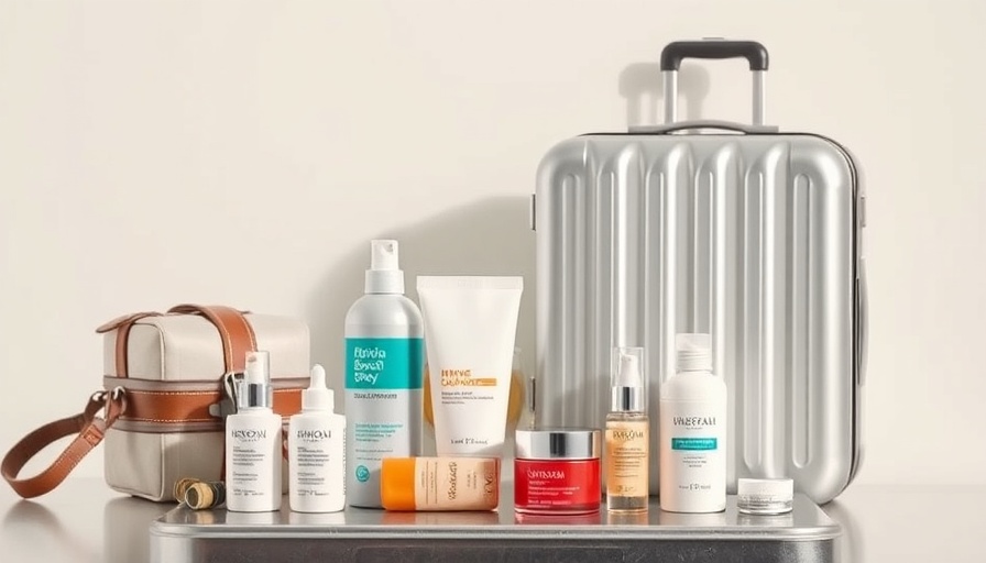 Assorted travel wellness essentials displayed with products and a suitcase.
