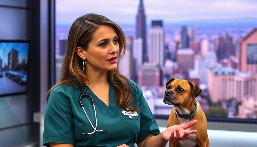 Veterinarian discussing 'Do dogs sweat?' on a TV show with city backdrop.