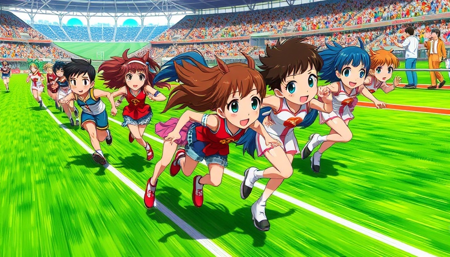 Cygames anime characters racing on a green track, vibrant and dynamic.