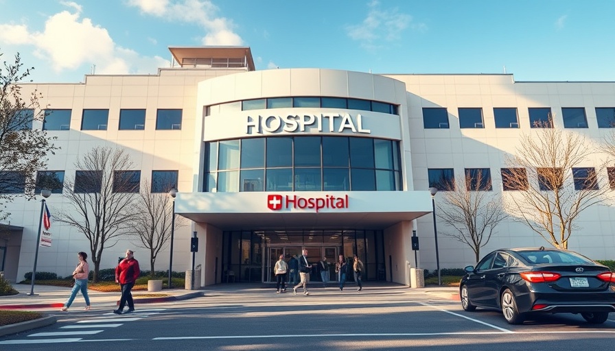 Entrance of a modern hospital with people and cars, clear day