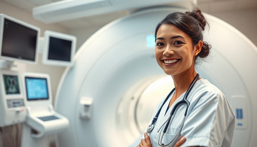Smiling healthcare worker assists MRI scan, related to heart age.