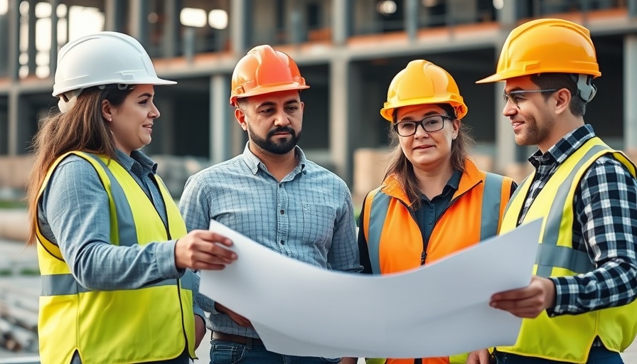 Team in hard hats discussing plans, productivity hacks for construction CFOs