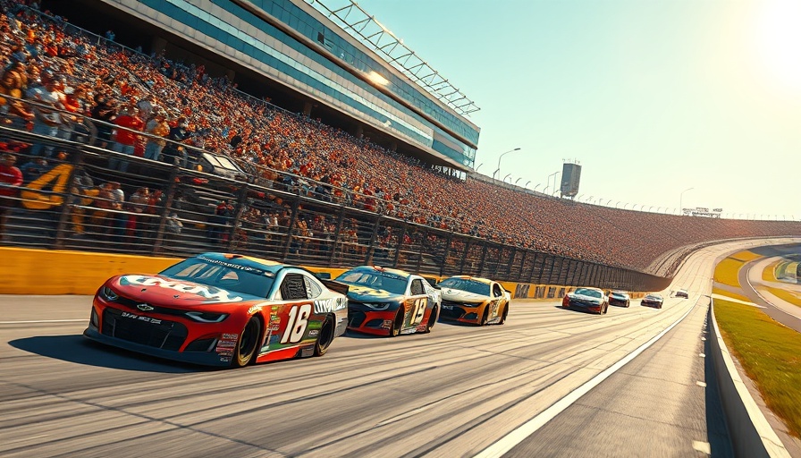 NASCAR race cars at Texas Motor Speedway with packed stands.