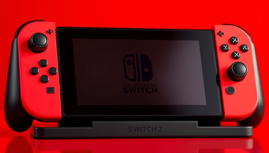 Nintendo Switch 2 docked with controllers against red background.