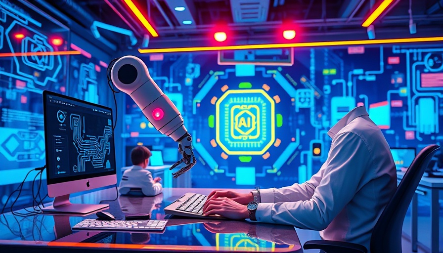 Illustration of AI reshaping future of work with robotic arm and keyboards.