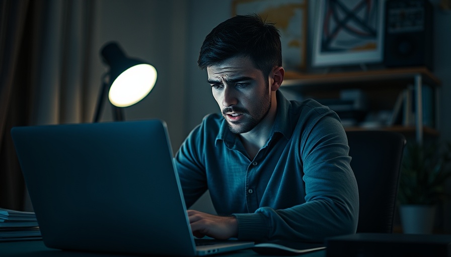 Stressed man at home desk with laptop, illustrating work trauma follows you home.