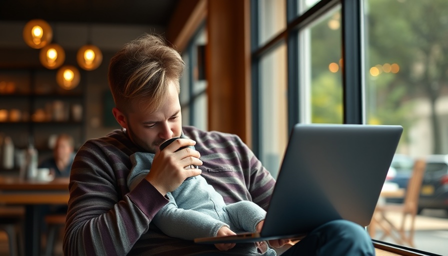 Father multitasking with baby and laptop, depicting work-life balance as a business metric.