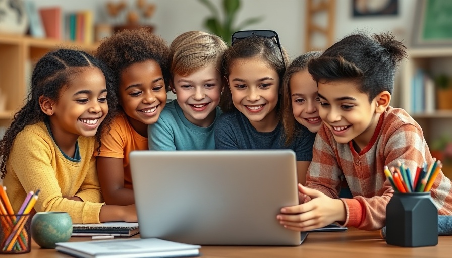 Diverse kids smiling at laptop promoting child safety online.