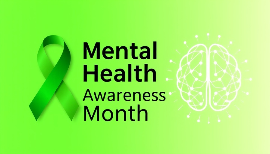 Mental Health Awareness Month banner with green ribbon and abstract brain design.