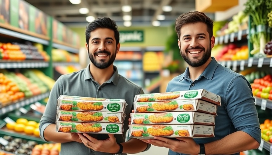 Two men promoting healthy meal subscription service in a grocery store.