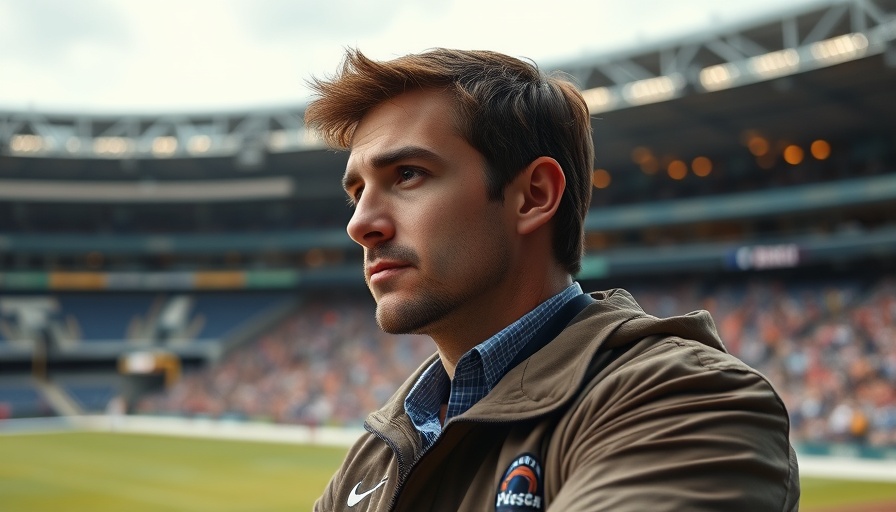 Confident sportscaster preparing for broadcast at stadium.