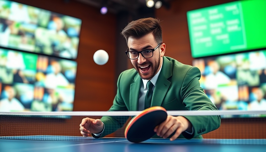 Enthusiastic man in a studio playing ping pong, big bargains on wellness products backdrop.