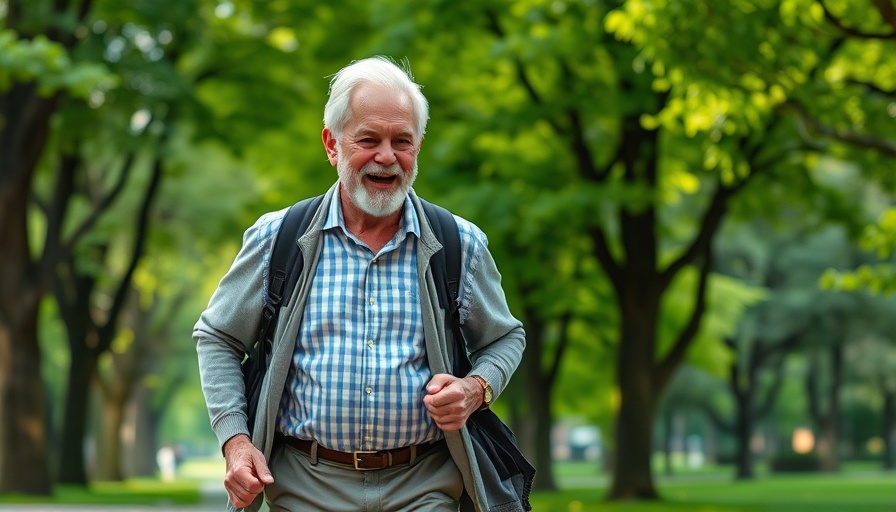 Elderly man brisk walking outdoors, enjoying nature, brisk walking benefits for seniors