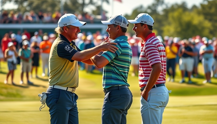 Cordial golfers embrace post-match on the green amidst crowds during Erik van Rooyen's golf journey.