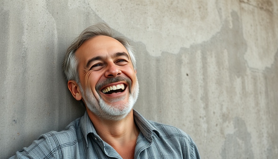 Smiling man sitting against a textured wall, work-life balance concept.