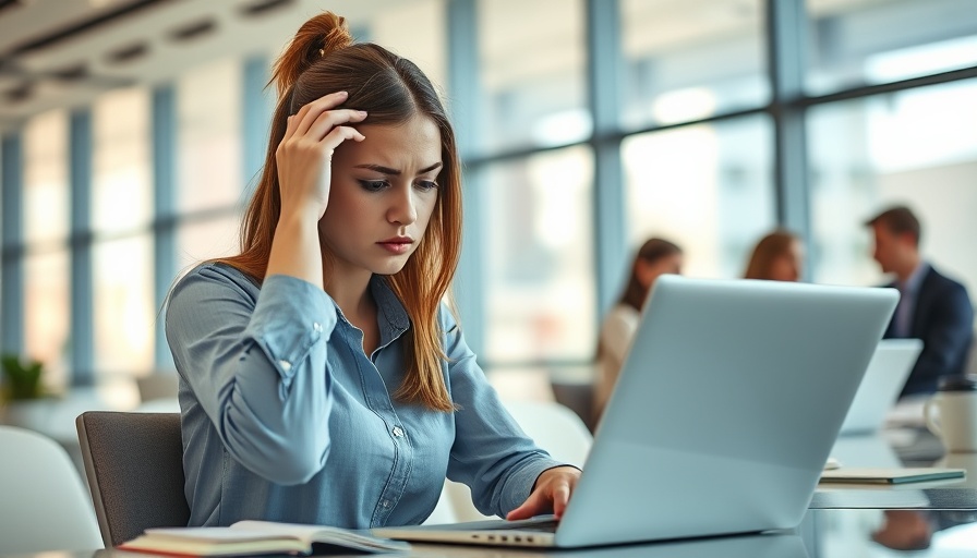 Stressed woman in office representing corporate mental health.