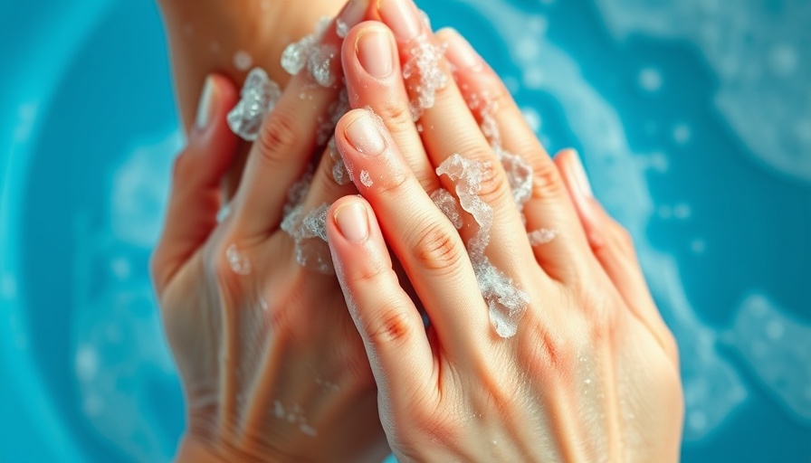 World Hand Hygiene Day 2025: Soapy hands touching clean blue background.