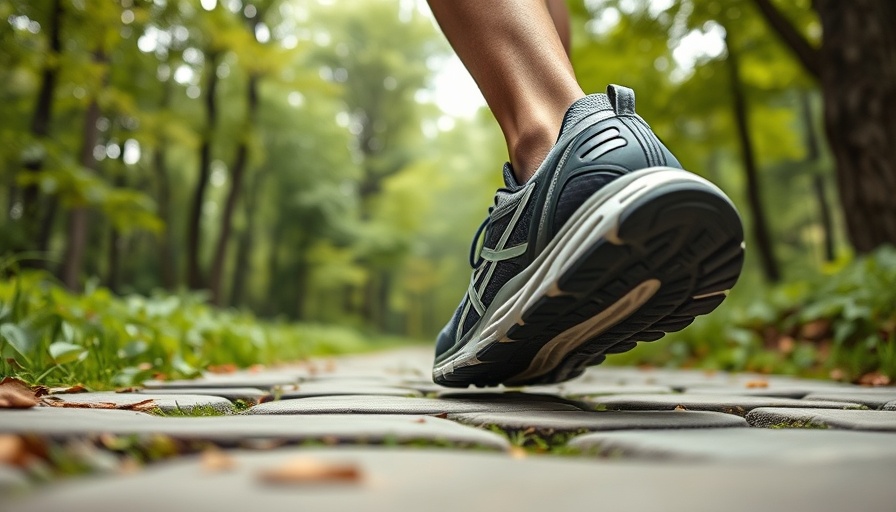 Close-up of athletic shoes on stone path in green forest, cardio burst.