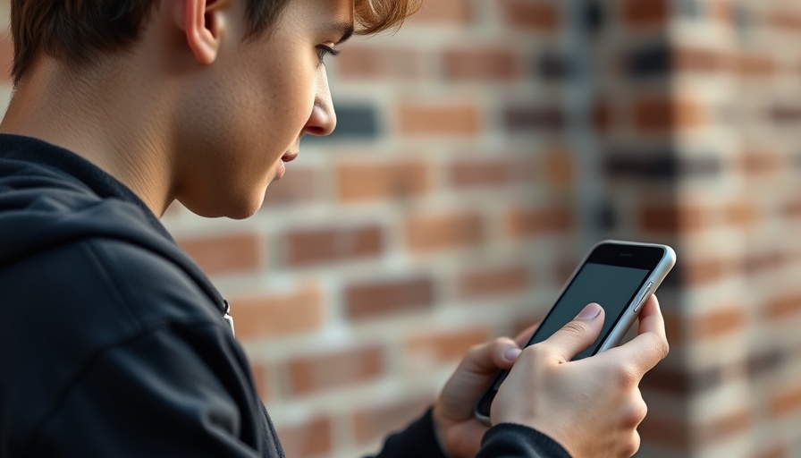 Young person using smartphone near brick wall, focusing on screen.