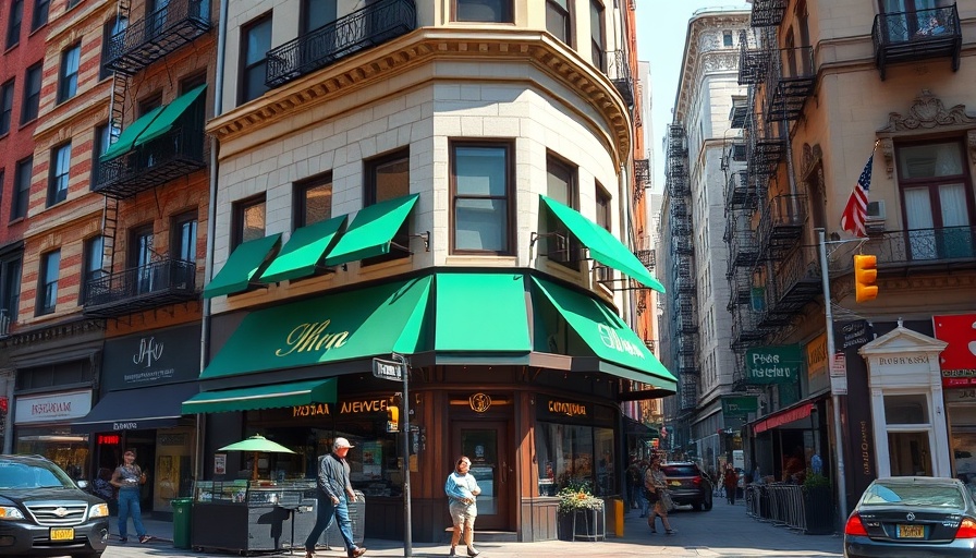 Urban corner building in Nolita with green awnings.