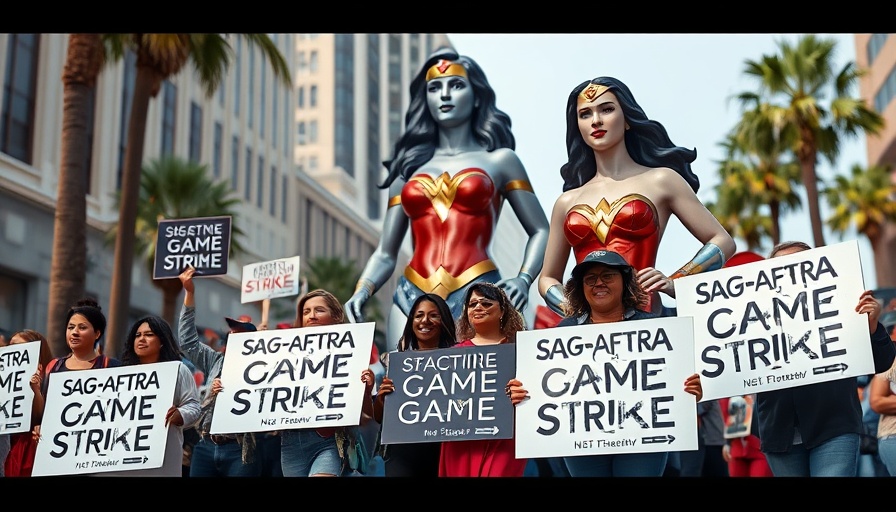 Protesters holding signs during SAG-AFTRA video game strike near Wonder Woman statue.