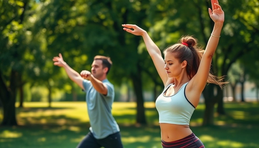 Two people stretching in a sunny park for heart health activities.