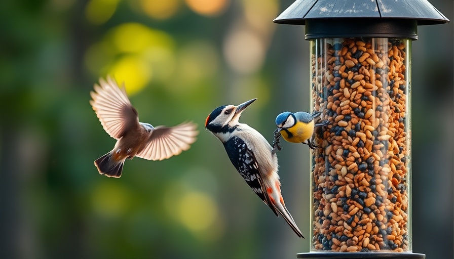 Woodpecker and blue tit at backyard bird feeder.